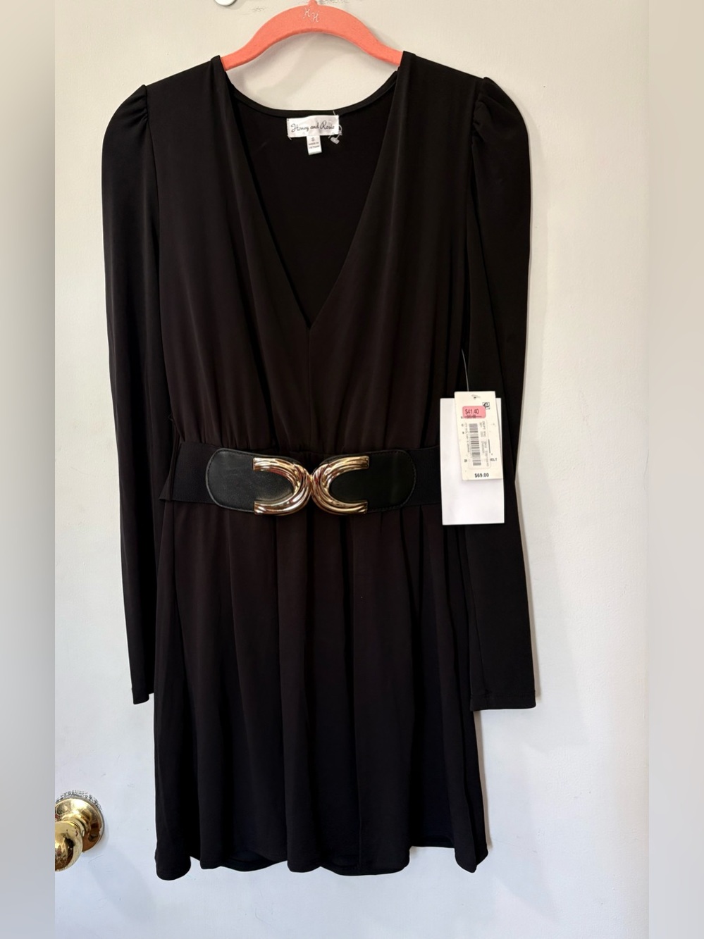 Honey and Rosie Black Long Sleeve V-Neck Dress with Gold Buckle
